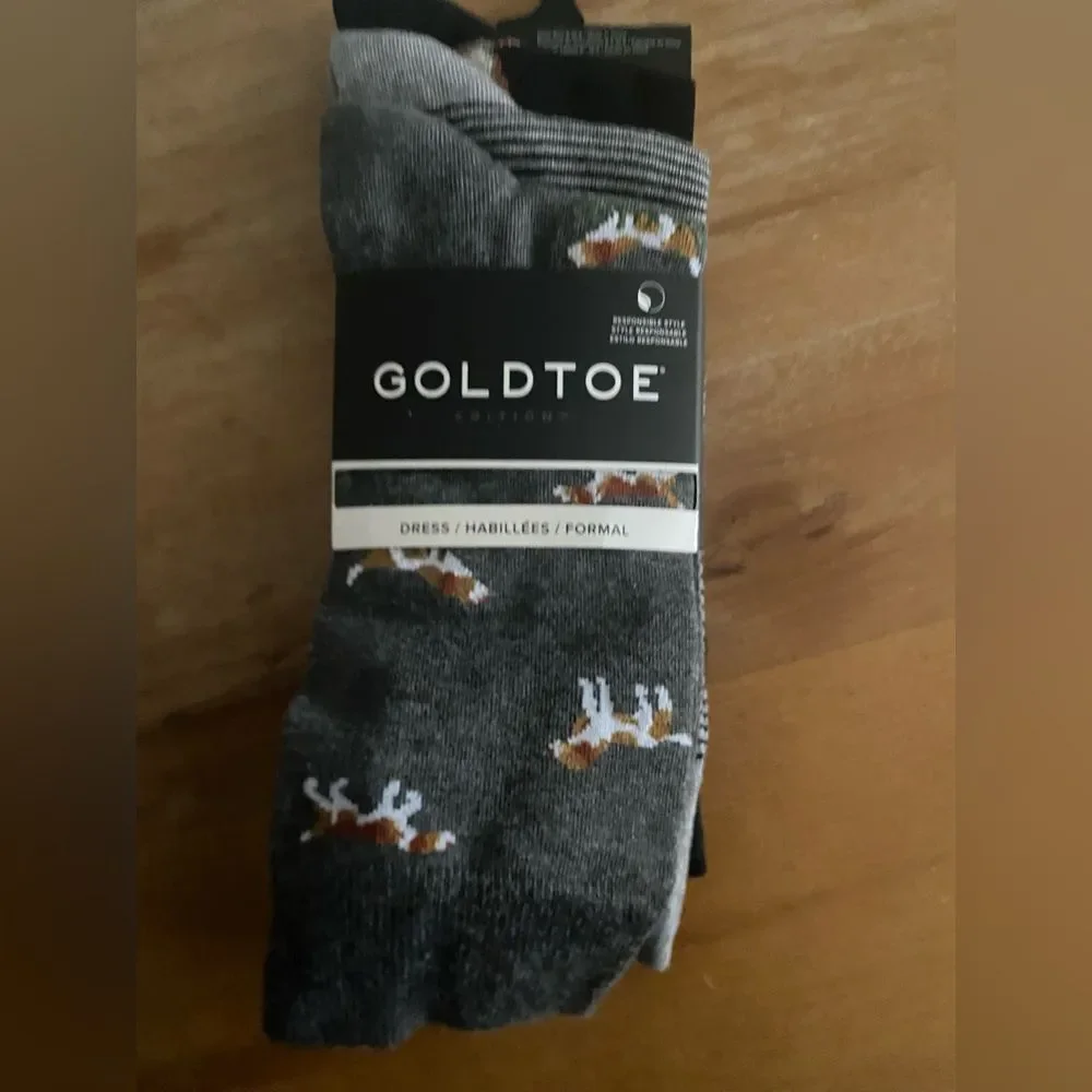 GOLDTOE NEW Men's Dress Crew Socks 3-pack Size 6-12.5 Office Dog Bird Assorted